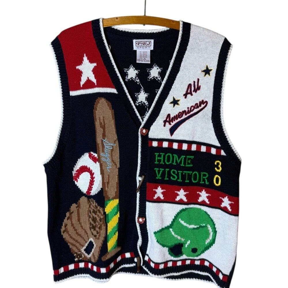 Vintage PBJ Sport Women’s Sz XL Baseball Theme Vest Button Down All American